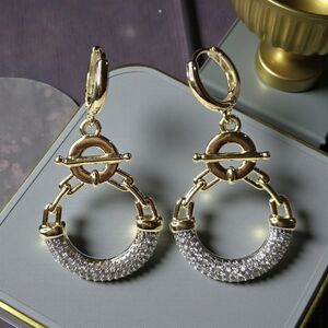 18k Gold Plated Pave Crystal Chain Link Toggle Earrings